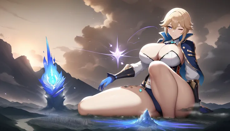 a girl using blue magic,jean genshin impact,(jk huge tits),milf,mature female,curvy body,good detail,one eye closed,giga size,taller then a mountain,looming over a city,destruction,magic,mystical,beautiful,seductive smile,temptation,shining eyes,full body,...