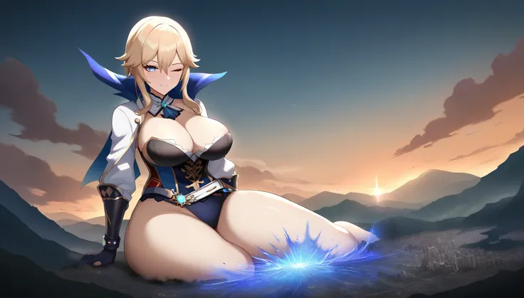 a girl using blue magic,jean genshin impact,(jk huge tits),milf,mature female,curvy body,good detail,one eye closed,giga size,taller then a mountain,looming over a city,destruction,magic,mystical,beautiful,seductive smile,temptation,shining eyes,full body,...