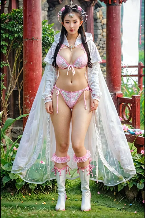 She looks like a very shy girl, A faint smile, full body xianxia, Sexy pink bikini underwear，High-cut bra，High-cut bra，pink lingerie，Long-legged girl，Put on your boots，pink boots，Huge breasts，Put on your hat，fantasy服装, Put on the priest&#39;s cloak, All wh...