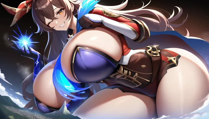 a girl using blue magic,amber genshin impact,(jk huge tits),milf,mature female,curvy body,good detail,one eye closed,giga size,taller then a mountain,looming over a city,destruction,magic,mystical,beautiful,seductive smile,temptation,shining eyes,shadow ov...