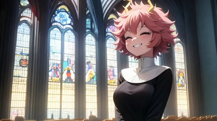 masterpiece, perfect art, 1 girl, Mina Ashido, my hero academia, pink hair, pink skin, shiny skin, short hair, eyes closed, smiling, head down, hands crossed in prayer, black, nuns outfit, standing in isle, cathedral, pews, high walls, stain glass inside a...