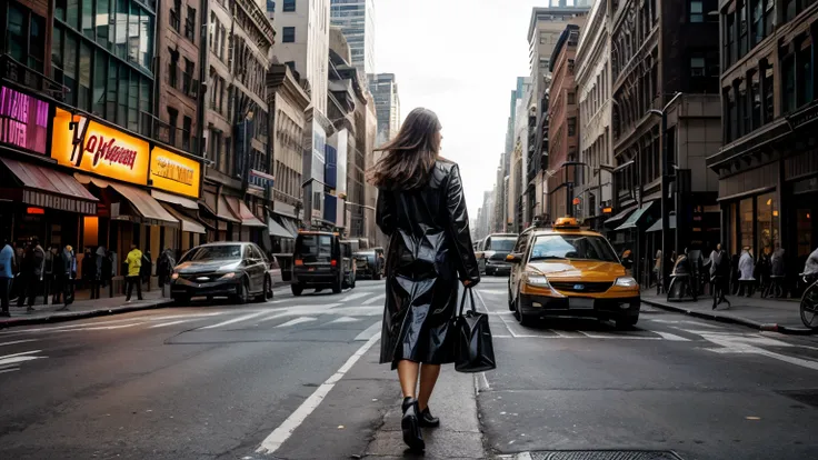 Eva walking confidently down a busy New York City street, with skyscrapers in the background and taxis rushing by.