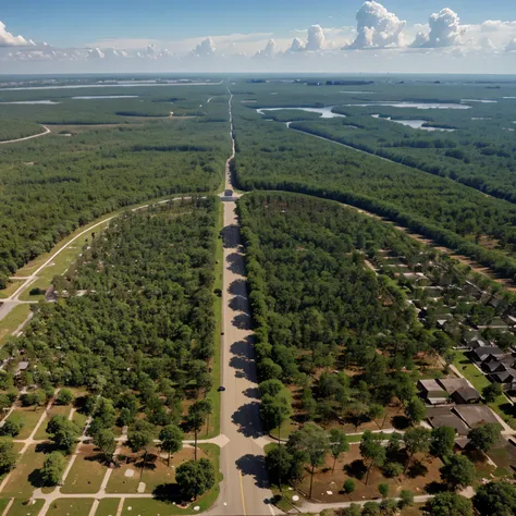 Conservation image based on deforestation and must include the word deforestation and images of trees being cut down with a city in the background 