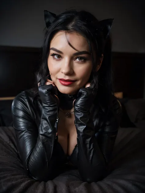 professional portrait photograph of a gorgeous smiling catwoman,bettie page girl in winter clothing ,ponytail black hair, red li...