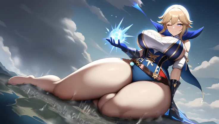 a girl using blue magic,jean genshin impact,(jk huge tits),milf,mature female,curvy body,good detail,one eye closed,giga size,taller then a mountain,looming over a city,destruction,magic,mystical,beautiful,seductive smile,temptation,shining eyes,full body,...