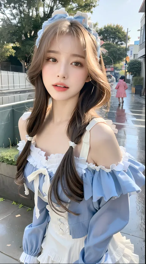 ((best quality, 8k, masterpiece: 1.3)), Key Points: 1.2, Perfect body beauty: 1.4, Hips: 1.2, (Layered Hairstyle: 1.2)), (rain, street:1.3), Highly detailed face and skin texture, Beautiful eyes, Double eyelids, Skin Whitening, Long hair, (Round Face: 1.5)...