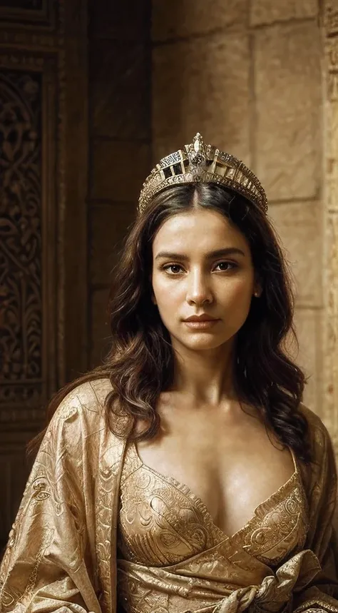 Create a realistic depiction of Cleopatra VII with her brother Ptolemy XIII after her fathers death. Wearing transperant robe, exotic, serpent crown, Draw inspiration from a known artist to capture precise details in her portrait.draw inspiration from the ...