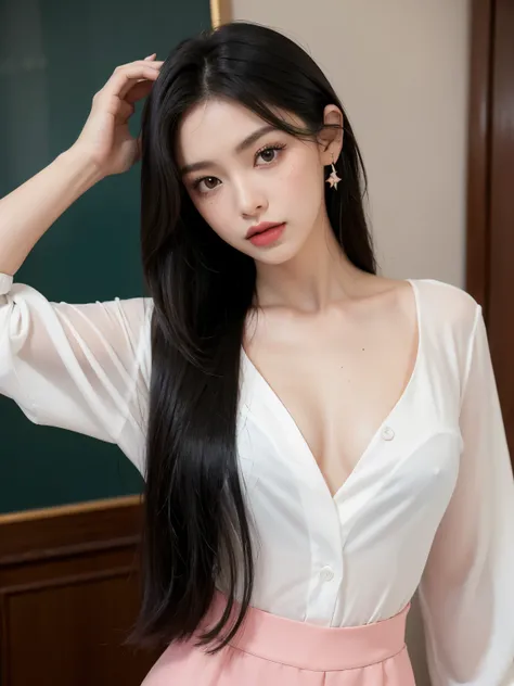 Kim jennie con el cabello negro oscuro, con rulos en las puntas del cabello negro oscuro, con un ganchito de estrella en el cabello negro oscuro, ojos de color claro, ojos bonitos, ojos llorosos, nariz bonita y respingada, labios bonitos, labios rosas, hea...