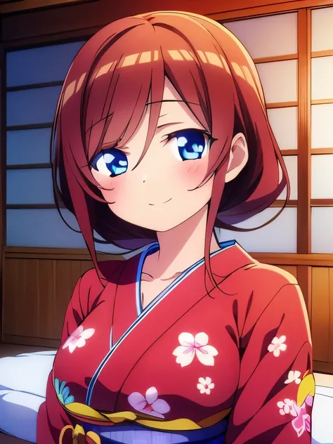 ((masterpiece)), ((best quality)), (ultra-detailed), anime style, on the bed, a cute girl, 1girl, solo, kimono, japanese cloth, ((beautiful eyes)), smile, ((open chest)),