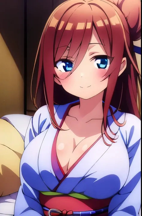 ((masterpiece)), ((best quality)), (ultra-detailed), anime style, on the bed, a cute girl, 1girl, solo, kimono, japanese cloth, ((beautiful eyes)), smile, ((open chest)),