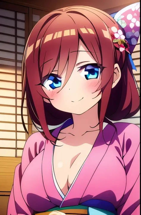 ((masterpiece)), ((best quality)), (ultra-detailed), anime style, on the bed, a cute girl, 1girl, solo, kimono, japanese cloth, ((beautiful eyes)), smile, ((open chest)),