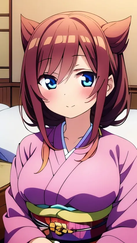 ((masterpiece)), ((best quality)), (ultra-detailed), anime style, on the bed, a cute girl, 1girl, solo, kimono, japanese cloth, ((beautiful eyes)), smile, ((open chest)),