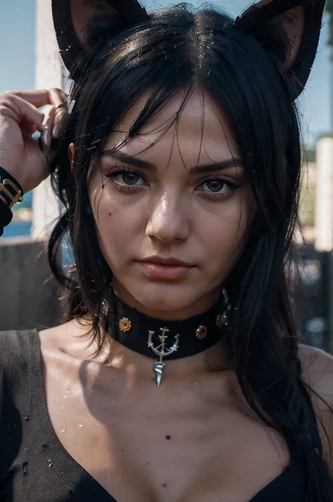 (Nico Robin), mole under eye, jewelry, anchor choker, cat ears, pout, border, depth of field, cinematic lighting, chromatic aberration, high detail, masterpiece, textured skin, super detail