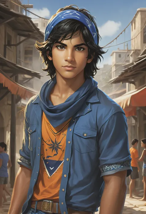 um rapaz com a pele branca, but more tanned at around 18 years old, almond brown eyes, black hair with a basic blue bandana on the forehead, com uma camiseta laranja, em um acampamento, include Percy Jackson reference. Usando uma jaqueta do homem aranha, (...