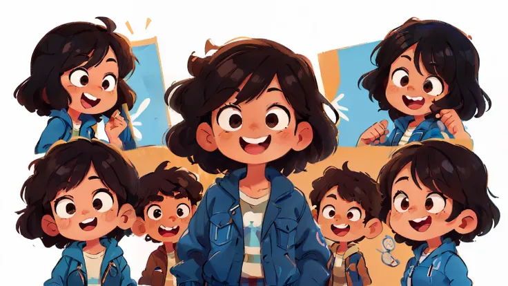 (best quality, ultra-detailed), masterpiece, highest quality, multiple characters, 5 images;(black curly hair, brown eyes), cartoon style, upper body portrait, wearing blue jacket, happy grinning expression, joyful pose (PNGTUBE) Multiple poses and express...