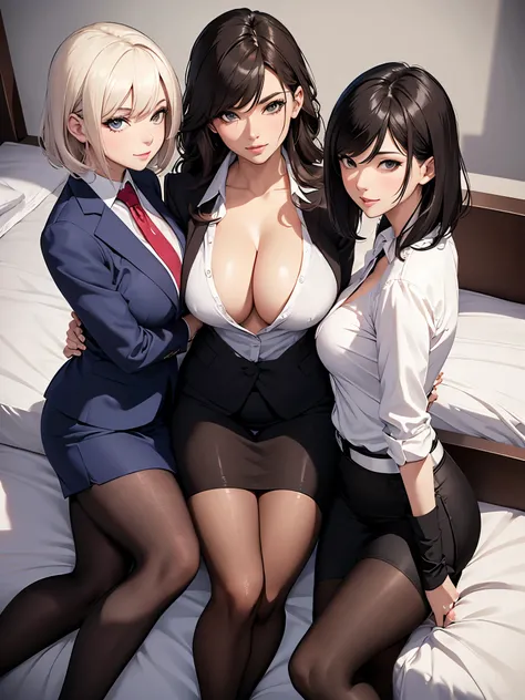 three sexy adult women in office outfits who are lovers of 4 years old boy, on bed