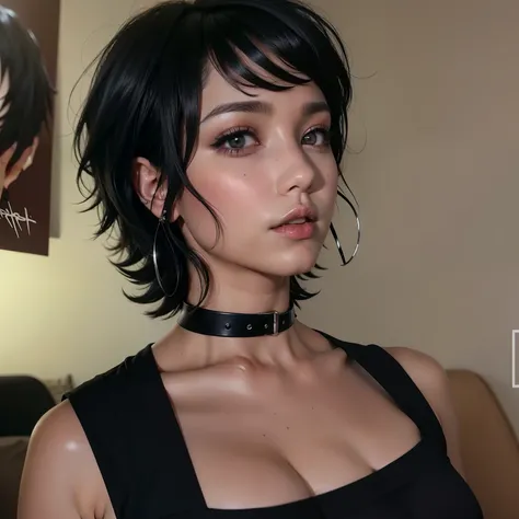 arafed woman with a black top and a black choke, black hime cut hair, 1 7 - year - old goth girl, with short hair, 1 7 - year - old anime goth girl, messy black bob hair, anime vibes, wearing black choker, short dark hair, with short hair with bangs, jet b...