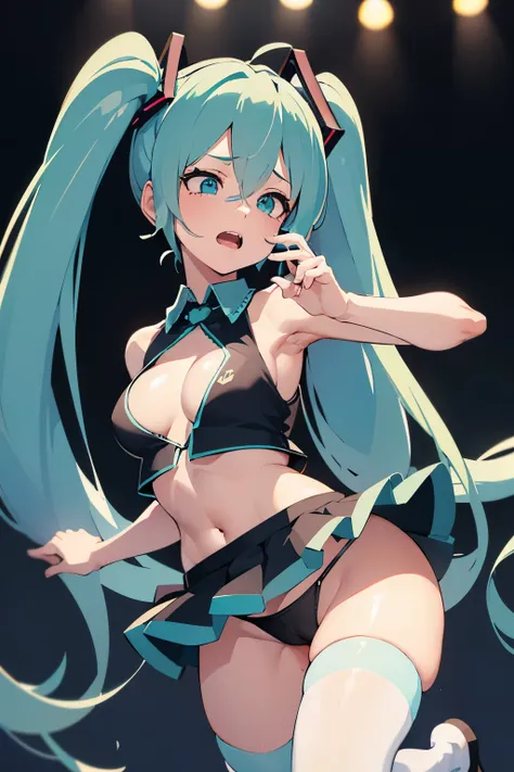 (Hatsune miku:1.2), (tiny idol:1.2), (open midriff), (skimpy shirt:1.2), (mini skirt:1.2), (tiny thong), (white socks knee high:1.1), back pack, (tiny skinny body:1.2), (heavy breasts), (toned legs:1.1), (detailed face and eyes:1.2), (sexy pose), (ahegao f...