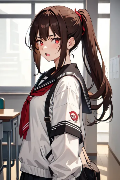 1girl,20y.o,school outfit,brown hair,mullet haircut,long hair,ponytail hairstyle,light red eyes,classroom background,an annoyed
