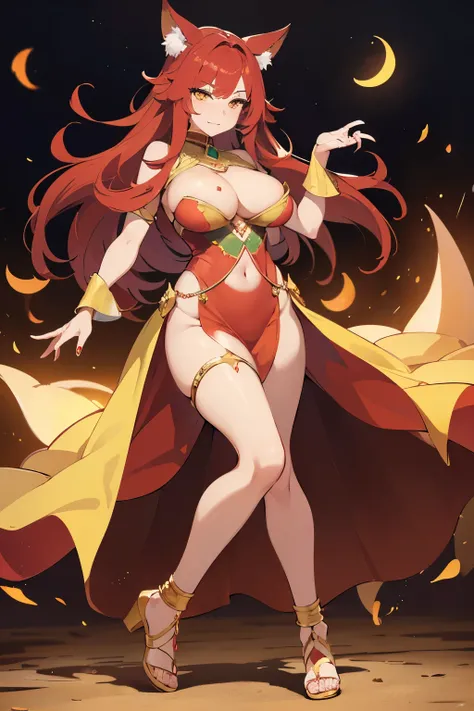 (AFK Journey Satrana:1.2), (deep red hair), (yellow eyes:1.1), (bright -color fox ears:1.1), (bright-color fox tail:1.1), (brown skin), (red see-trought arabic dancer suit:1.2), (heavy boobs), (detailed face and eyes:1.2), (full body portrait), (horny face...