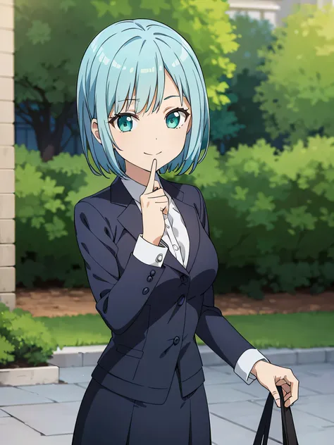 1 girl, short sky blue hair, have bangs, emerald green eyes, wear navy blue suit, navy blue A-line skirt, detailed face, looking at viewer, big smile (masterpiece, best quality)