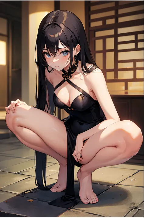 a sexy woman, (best quality), (masterpiece), (1girl), slim, anime, tall, (flat chested), (chinese dress), (half squat pose)
