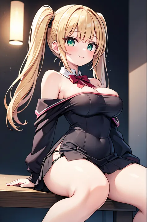  Detailed image, realistic image, coherent image. 1 girl. She has long hair combed in 2 pigtails, her hair is blonde brown. Her eyes are emerald green. She is smiling. She has a curvy body, medium breasts, wide hips and thick thighs. She is wearing a long ...