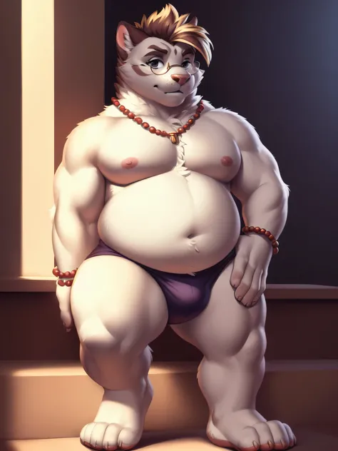 Licho, (soft shading), 4K, Hi Res, ((detailed face, detailed eyes, detailed)), (full body), by zackarry911, by zaush, (by personalami:0.5), plump, belly, fat, glasses, solo, short hair, 1boy, jewelry, masculine focus, thighs, bracelet, feet out of frame, t...