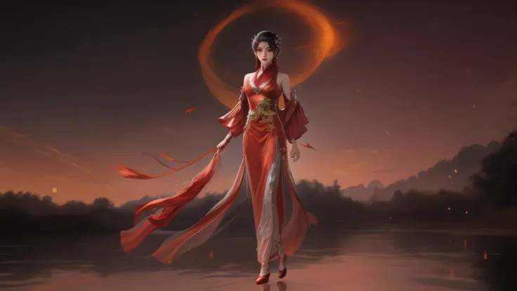 an arad woman in a red dress walks in the river carrying a lantern, full-body xianxia, inspired by park hua, by yang j, inspired...