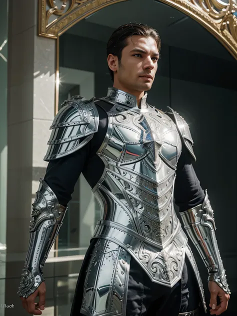 a man hero who is standing facing forward, wearing luxurious armor with a very realistic shiny white metal design, the shiny reflection of the armor is very dazzling to the eye, the reflection of the armor is like glass, heavy intricate,, light reflection ...