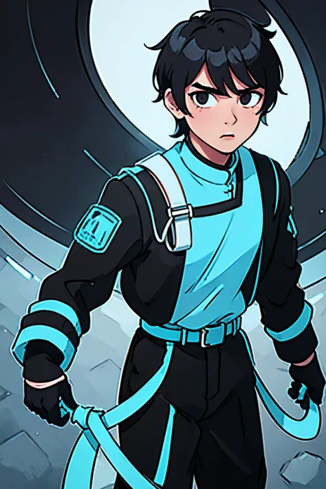 masculine cyborg man, short black hair, black eyes, black, white and cyan neon colored costumes