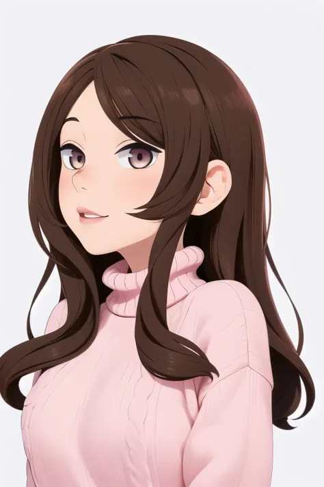 girl, long brown hair, gray eyes, sharp features, white skin, pink lips, sweater