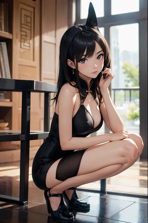 a sexy woman, (best quality), (masterpiece), (1girl), slim, anime, tall, (flat chested), (chinese dress), (half squat pose), (protrait)
