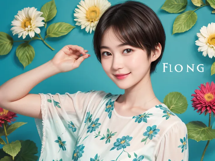 215 Short Hair, 20-year-old woman, A kind smile, Floral