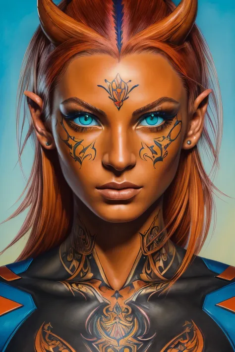 (((Masterpiece))), (((Best Quality: 1.4))), ((Super Detail: 1.4)) , hyper detailed gouache painting of a female Tiefling, gorgeous exotic features, amber neon eyes:1.5,  orange hair, hyper detailed face features, expressivo face, detailed textures, blue sk...