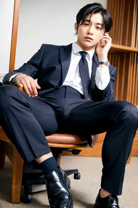 Young man, male, wearing a navy suit, sitting on a chair, Japanese, thick thighs, large thighs, bulging thighs, plump thighs, full crotch, muscular, heavy crotch