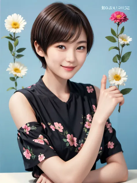 215 Short Hair, 20-year-old woman, A kind smile, Floral