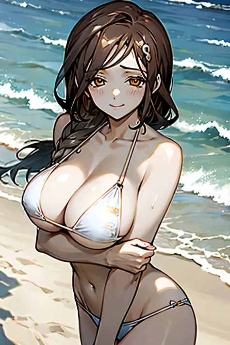 1girl, bare shoulders, beach, bikini white, bikini pull, black bikini, blush, breasts, brown hair, cleavage, halterneck, large breasts, long hair, nail polish, off shoulder, orange eyes, smile, solo, string bikini, swimsuit, (milf:1.4), detalied, best work...