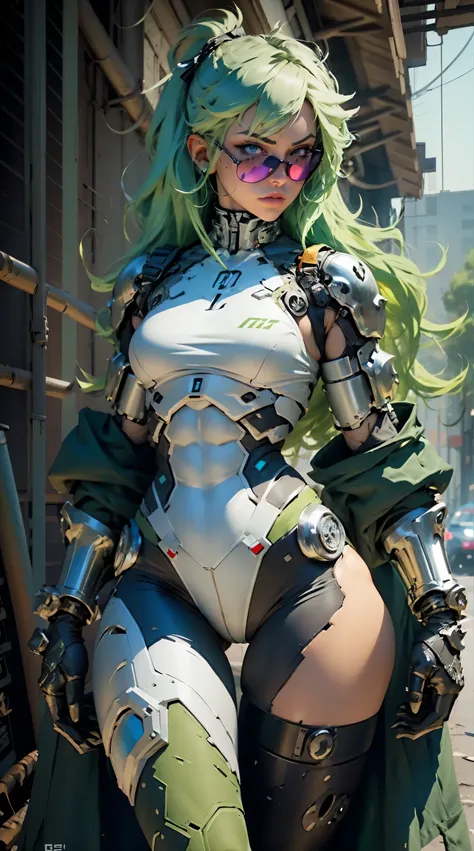 Female body defined thick thighs cybernetic body parts half face mechanical, ripped full body pantyhose , green hair ,muscles, Armored, Barrett, sunglasses