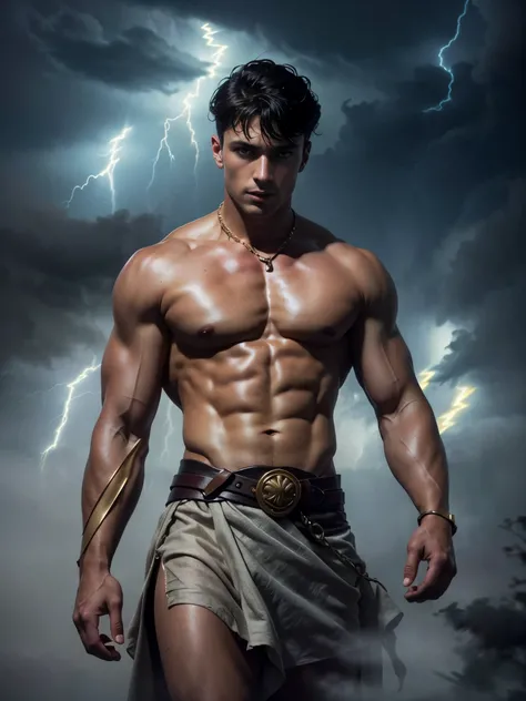 ((masterpiece)),((best quality)),8k, high detailed, ultra-detailed, Stylish Pose, real skin texture, dark cinematic lighting, 24 year-old Italian male model, (handsome italian:1.8), cute looking, divine look, powerful light blue eyes, Zeus god, god of thun...