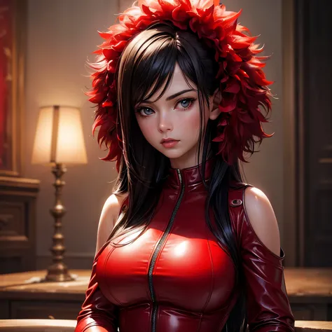 top quality, masterpiece, ultra high resolution, (photorealistic: 1.4), raw photo, 1 girl, dark hair, glossy leather, Dramatic lighting, Whole body,, Red dress, colossal