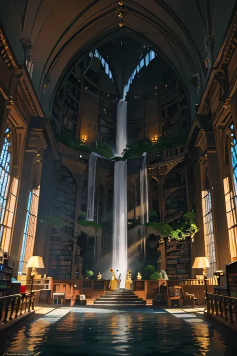 In the heart of an ancient and grand castle library, an endless waterfall comes to life in a magical and surreal environment. The waterfall cascades down from the highest shelves, filling the vast space with a mesmerizing and tranquil ambiance. The library...