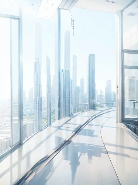 landscape, glass-walled skyscrapers in distance, blue sky, outside hallway