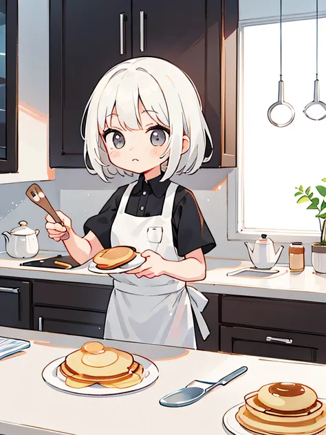 ((Black and white picture)) ((girl preparing pancakes in the kitchen)) Kawaii Design, The Most Beautiful Girl in the World, chibi, White hair, a lot of details
