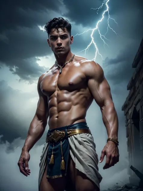 ((masterpiece)),((best quality)),8k, high detailed, ultra-detailed, Stylish Pose, real skin texture, dark cinematic lighting, 24 year-old Italian male model, handsome italian, cute looking, divine look, powerful light blue eyes, Zeus god, god of thunder, J...