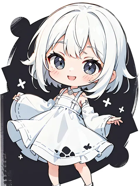 ((Black and white picture)) ((girl smiling in a white dress)) Kawaii Design, The Most Beautiful Girl in the World, chibi, White hair, a lot of details
