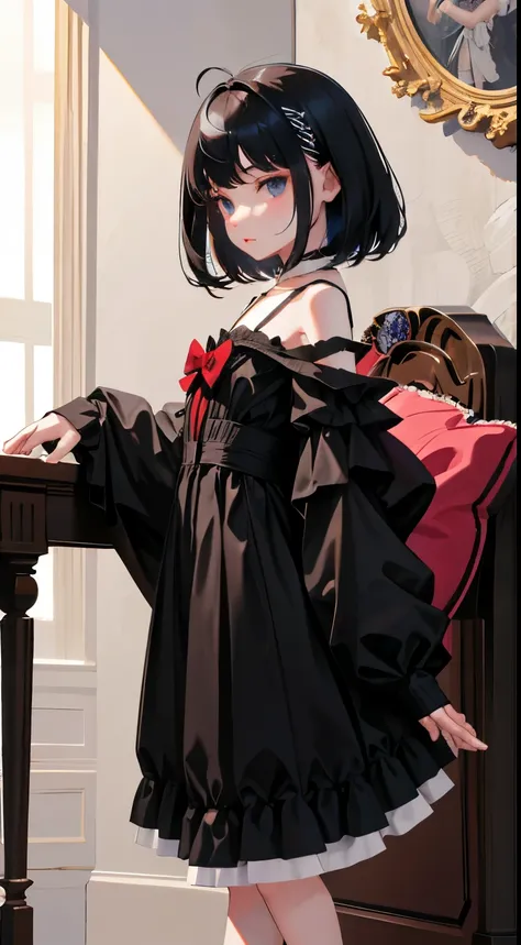 (Short cute girl，Small young student，Young delicate girl）,（masterpiece，Top quality)，Black Hair，sleepy look，black lolita clothes，race