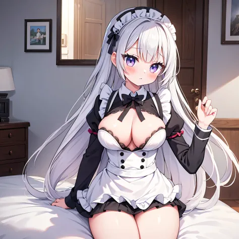 See the whole body, one person, best quality, Long Hair, silver hair, maid, enormous tits, morning light, blush, ecstasy