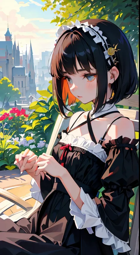 (Short cute girl，Small young student，Young delicate girl）,（masterpiece，Top quality)，Black Hair，sleepy look，black lolita clothes，race，garden