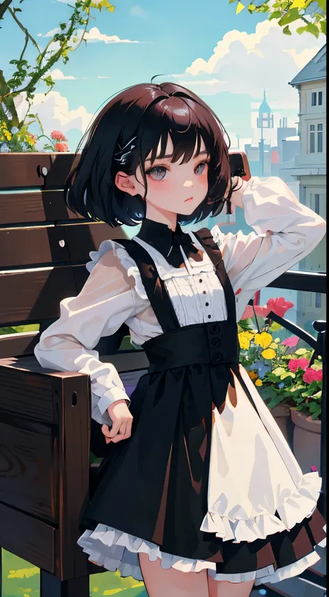 (Short cute girl，Small young student，Young delicate girl）,（masterpiece，Top quality)，Black Hair，sleepy look，black lolita clothes，race，mini skirt，garden